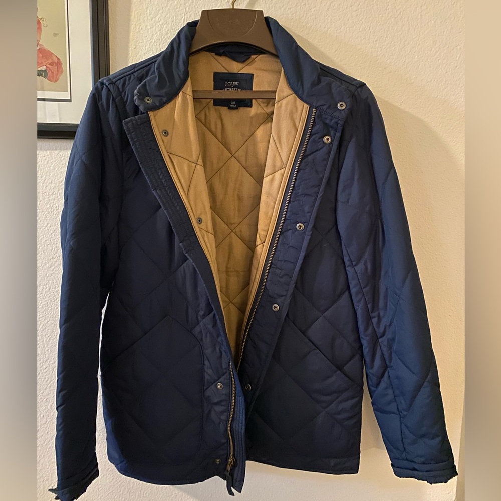 J. Crew Men's Blue and Tan Quilted Walker Puffer Jacket